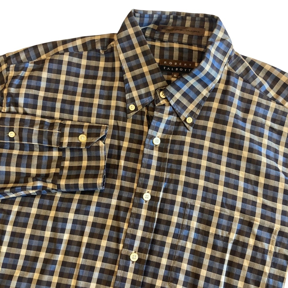 Robert Talbott Mens XL Button Down Shirt Blue Brown Plaid Cotton Long Sleeve